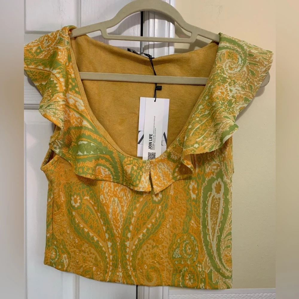 Zara Blouse Size Large Jacquard Paisley Print Ruffle Scoop Neck Top NEW - Picture 10 of 12